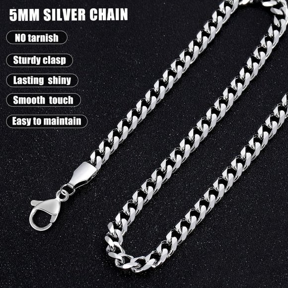 20 inch 5mm Men Silver Tone Gold Cuban Link Stainless Steel Chain - Picture 7 of 9